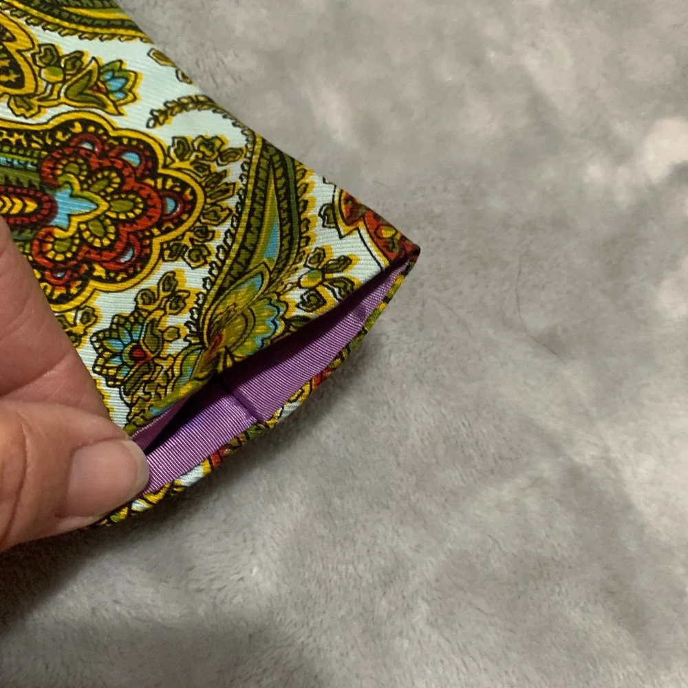 Vtg Rooster‎ John Wanamaker Paisley Neck Tie Green Gold Hand Printed Square End